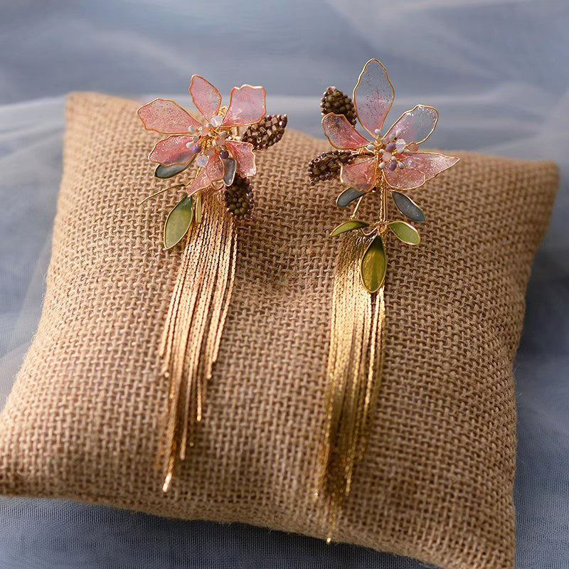 Fashion Bridal Seaside Style Leaf Flower Resin Artificial Liquid Tassel Ear Clip Earrings