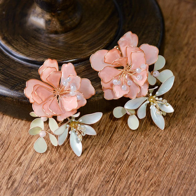 Korean Pink Flower Handmade Earrings Luxury Girls Evening Pearl Non-Pierced Ear Clips Makeup Party Accessories