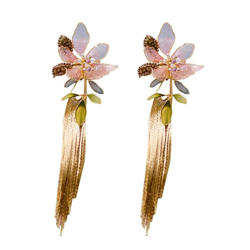 Fashion Bridal Seaside Style Leaf Flower Resin Artificial Liquid Tassel Ear Clip Earrings