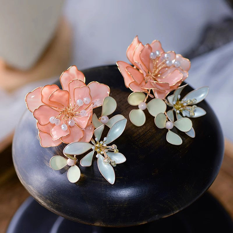 Korean Pink Flower Handmade Earrings Luxury Girls Evening Pearl Non-Pierced Ear Clips Makeup Party Accessories