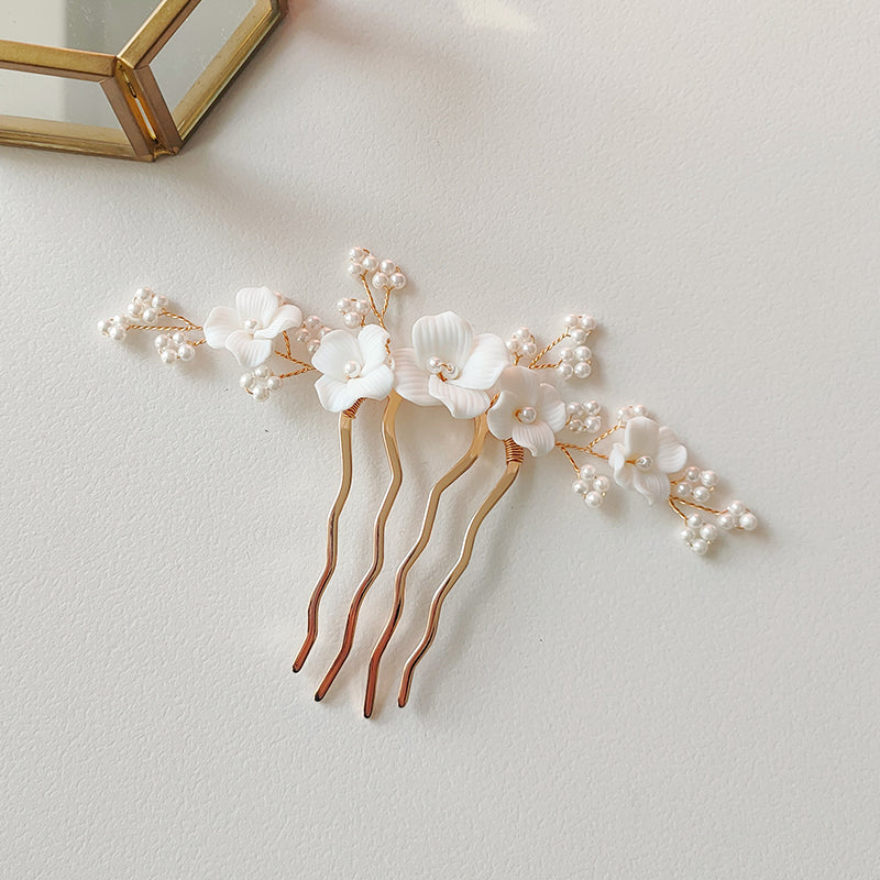 Feminine Bridal Hair Comb with Ceramic Flower,Shell Pearls