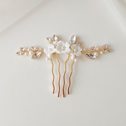 Feminine Bridal Hair Comb with Ceramic Flower,Shell Pearls