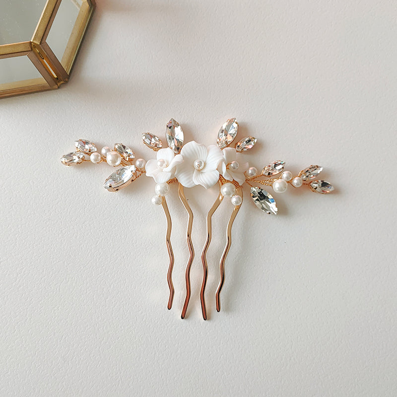 Feminine Bridal Hair Comb with Ceramic Flower,Shell Pearls