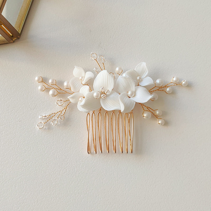 Elegant Ceramic Flower Crystal Glass Pearl Hair Comb and Pin Bride Wedding Jewelry Hair Accessories