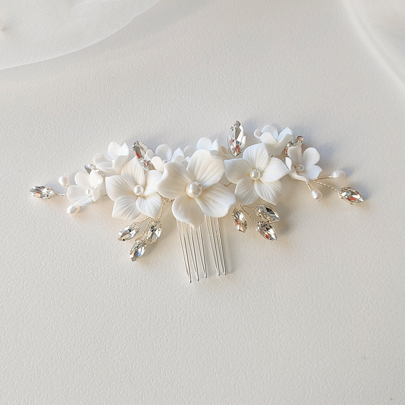 Stunning White Porcelain Floral Pearl Headpiece Hair Comb Bridal Bridesmaid Wedding Jewelry