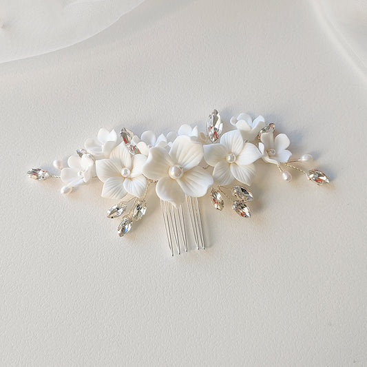 Stunning White Porcelain Floral Pearl Headpiece Hair Comb Bridal Bridesmaid Wedding Jewelry