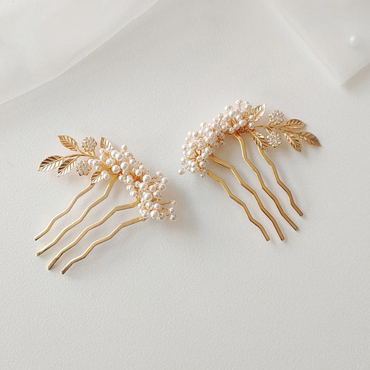 Korean Pearl Copper Leaf Hair Comb Set for Wedding Anniversary Party