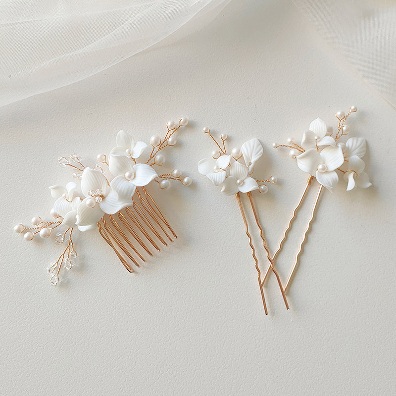 Elegant Ceramic Flower Crystal Glass Pearl Hair Comb and Pin Bride Wedding Jewelry Hair Accessories