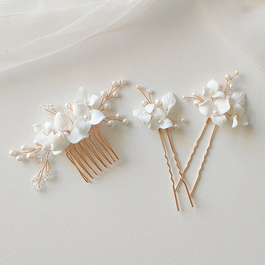 Elegant Ceramic Flower Crystal Glass Pearl Hair Comb and Pin Bride Wedding Jewelry Hair Accessories