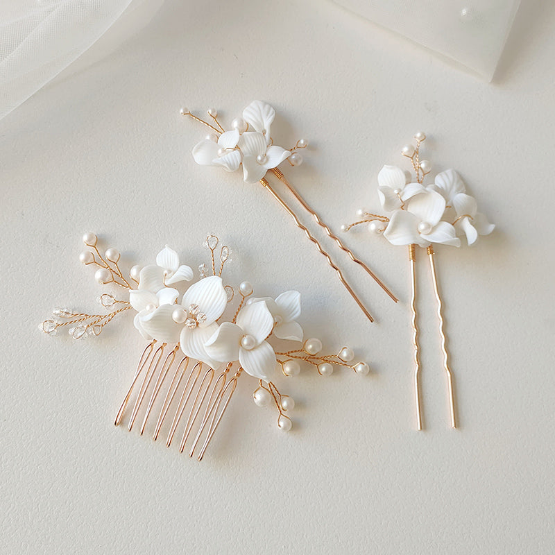 Elegant Ceramic Flower Crystal Glass Pearl Hair Comb and Pin Bride Wedding Jewelry Hair Accessories