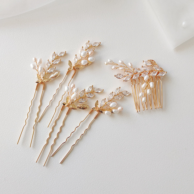 Vintage Elegant Hair Comb And Pin with Sparkling Zircon Leaf