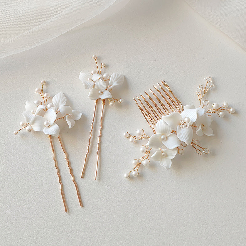 Elegant Ceramic Flower Crystal Glass Pearl Hair Comb and Pin Bride Wedding Jewelry Hair Accessories