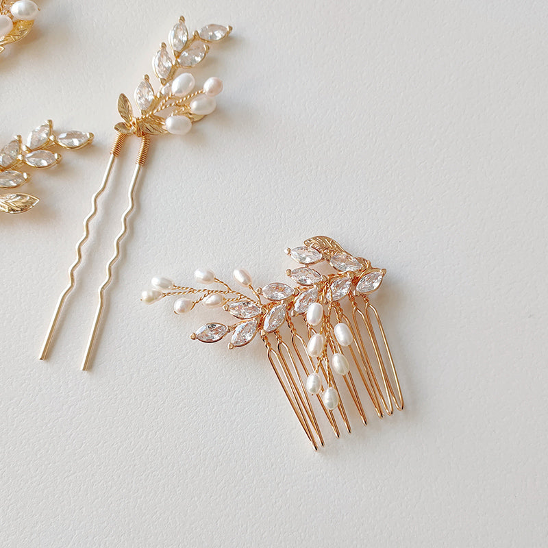 Vintage Elegant Hair Comb And Pin with Sparkling Zircon Leaf