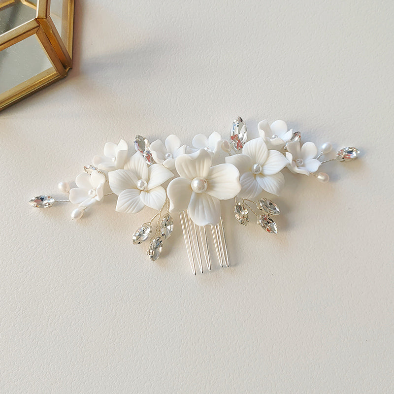 Stunning White Porcelain Floral Pearl Headpiece Hair Comb Bridal Bridesmaid Wedding Jewelry
