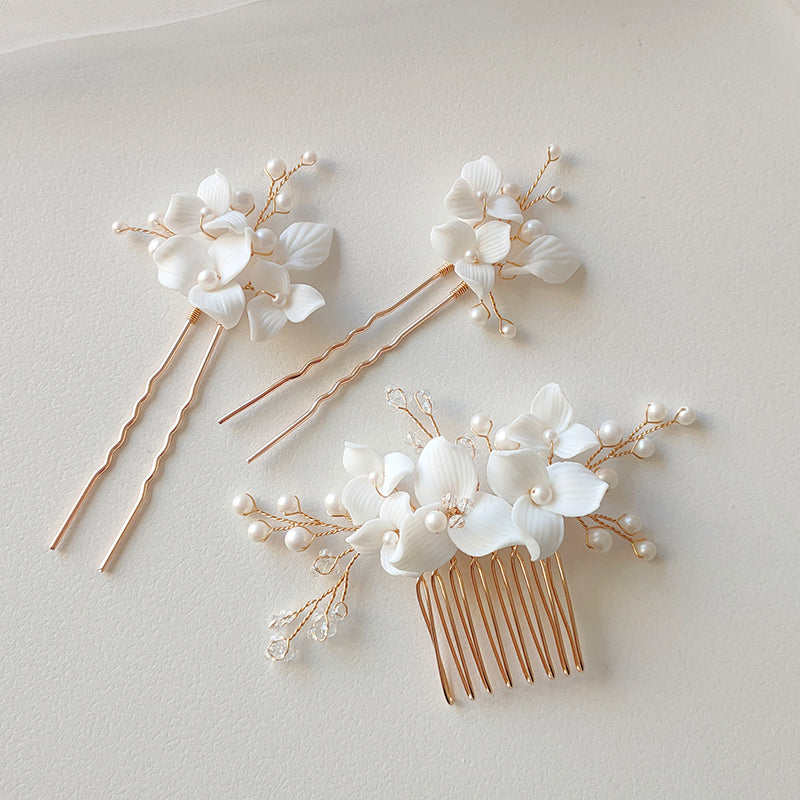 Elegant Ceramic Flower Crystal Glass Pearl Hair Comb and Pin Bride Wedding Jewelry Hair Accessories