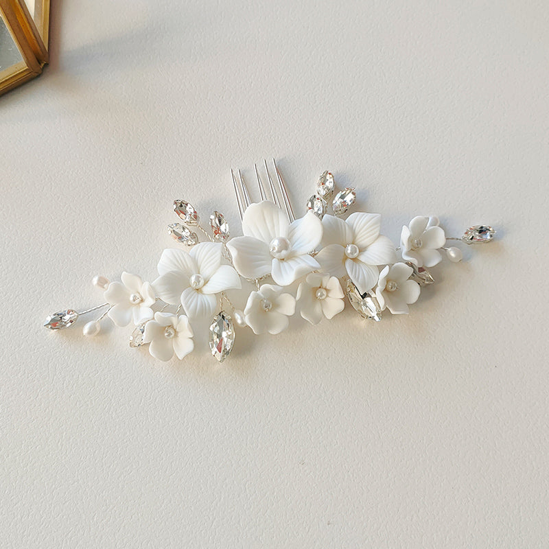Stunning White Porcelain Floral Pearl Headpiece Hair Comb Bridal Bridesmaid Wedding Jewelry