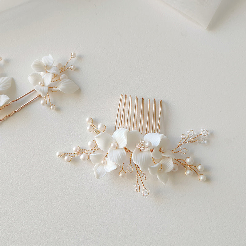 Elegant Ceramic Flower Crystal Glass Pearl Hair Comb and Pin Bride Wedding Jewelry Hair Accessories