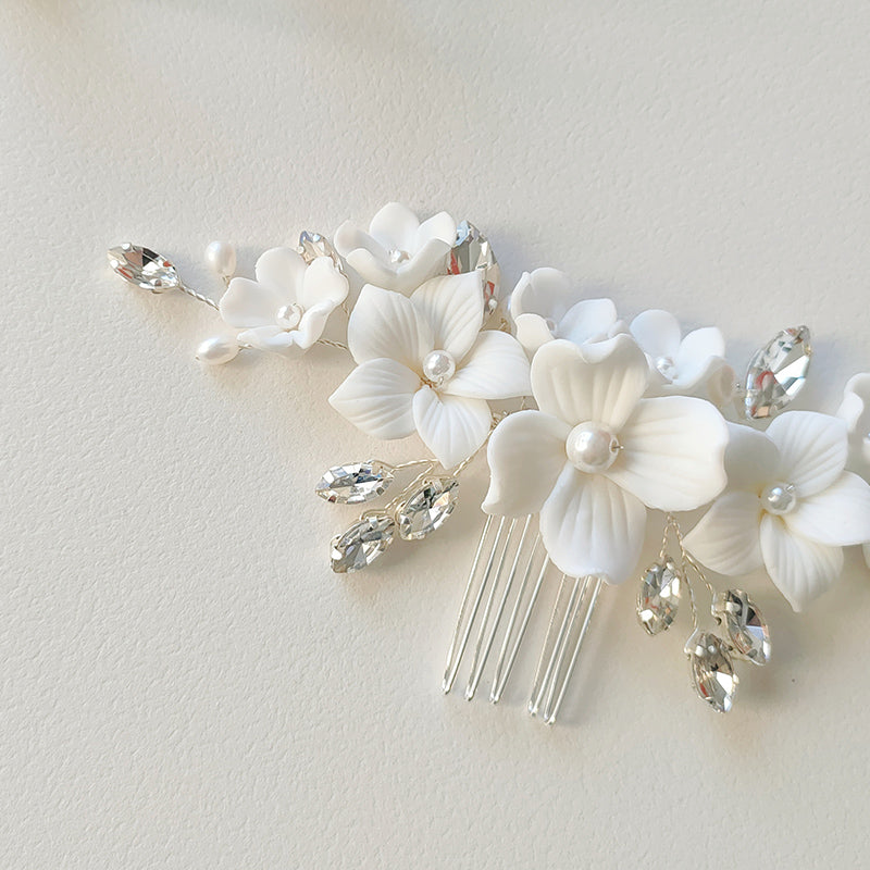 Stunning White Porcelain Floral Pearl Headpiece Hair Comb Bridal Bridesmaid Wedding Jewelry
