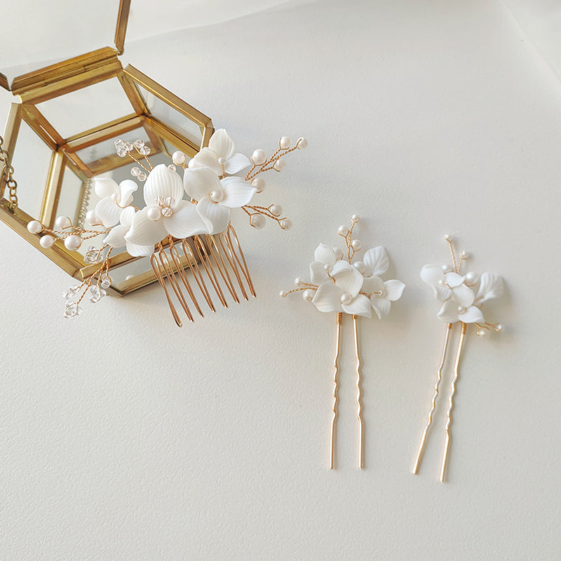Elegant Ceramic Flower Crystal Glass Pearl Hair Comb and Pin Bride Wedding Jewelry Hair Accessories