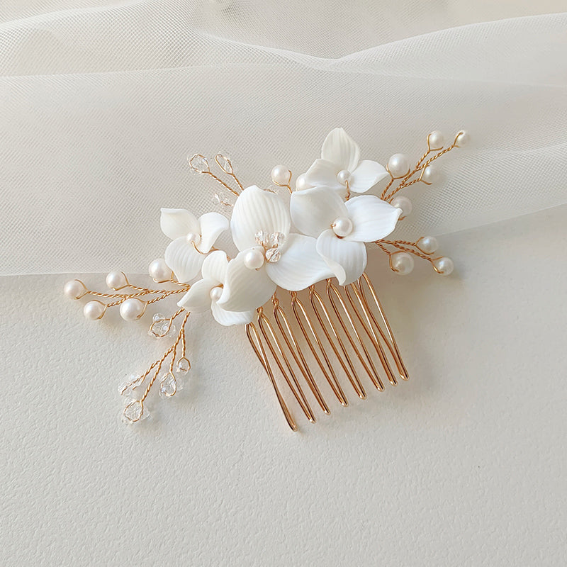 Elegant Ceramic Flower Crystal Glass Pearl Hair Comb and Pin Bride Wedding Jewelry Hair Accessories