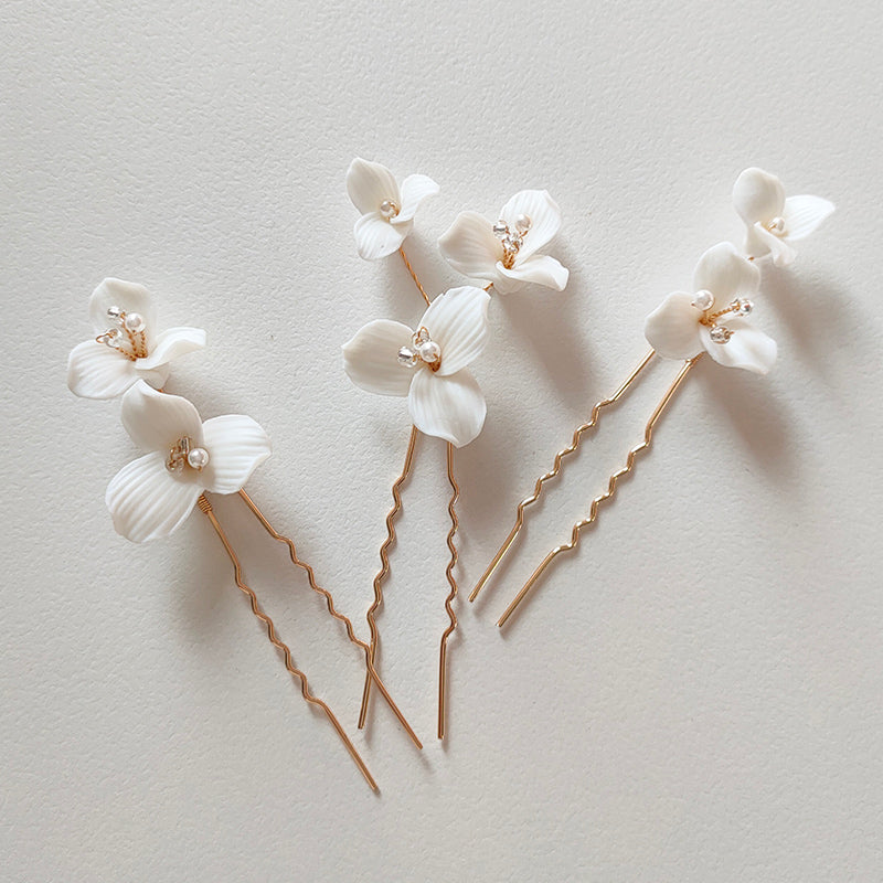 Handmade Hairpin White Ceramic Flower Hair Pins Bridal Hair Accessories For Wedding