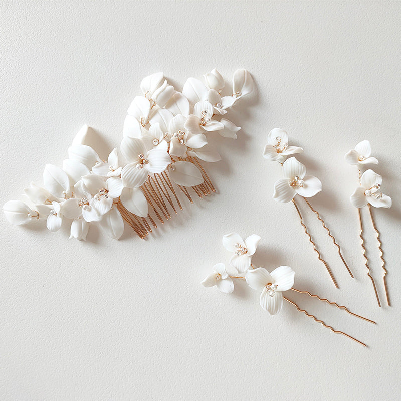 Handmade Hairpin White Ceramic Flower Hair Pins Bridal Hair Accessories For Wedding