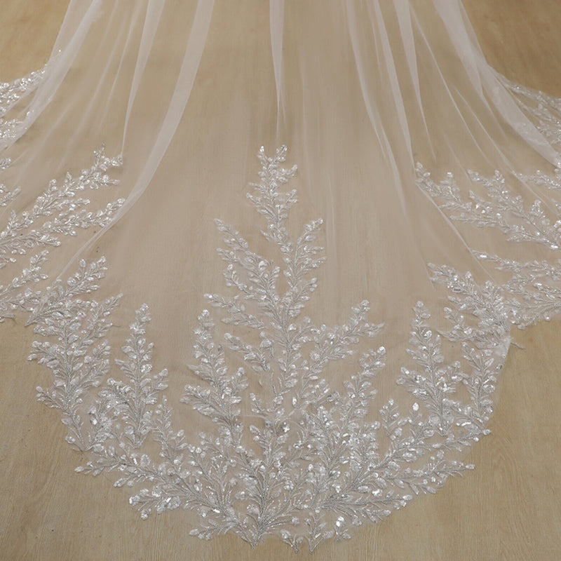 Flower Shape Cathedral Wedding Veil with Sequlined Beaded Leaf