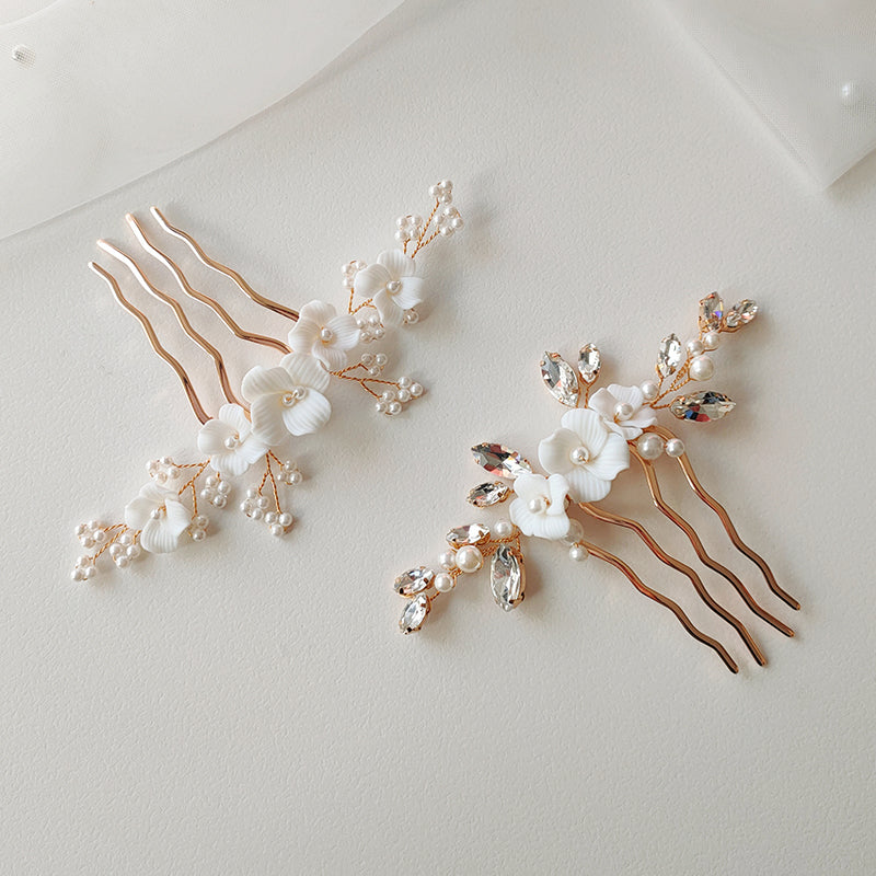 Feminine Bridal Hair Comb with Ceramic Flower,Shell Pearls