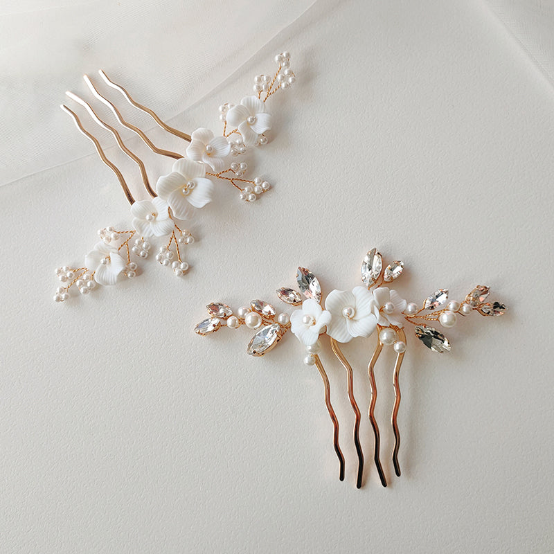 Feminine Bridal Hair Comb with Ceramic Flower,Shell Pearls