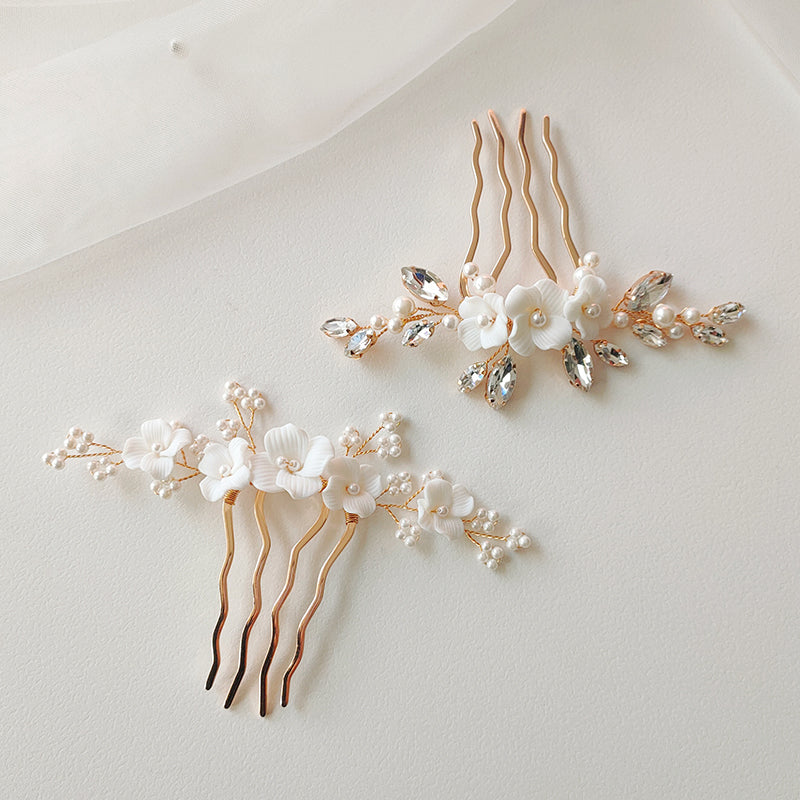 Feminine Bridal Hair Comb with Ceramic Flower,Shell Pearls