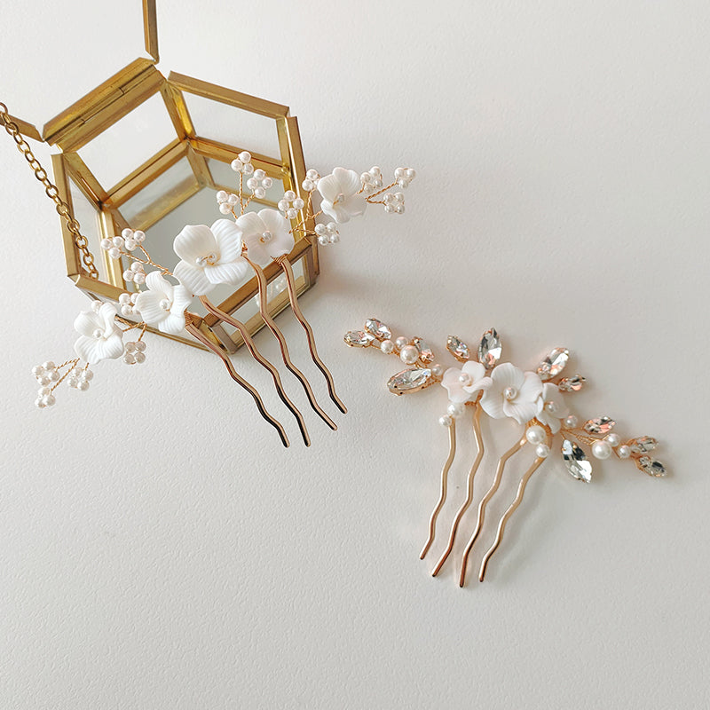 Simple and Elegant Porcelain Flower Shell Pearl Hair Comb Hair Accessories Suitable for Bride Wedding Hairstyle Decoration