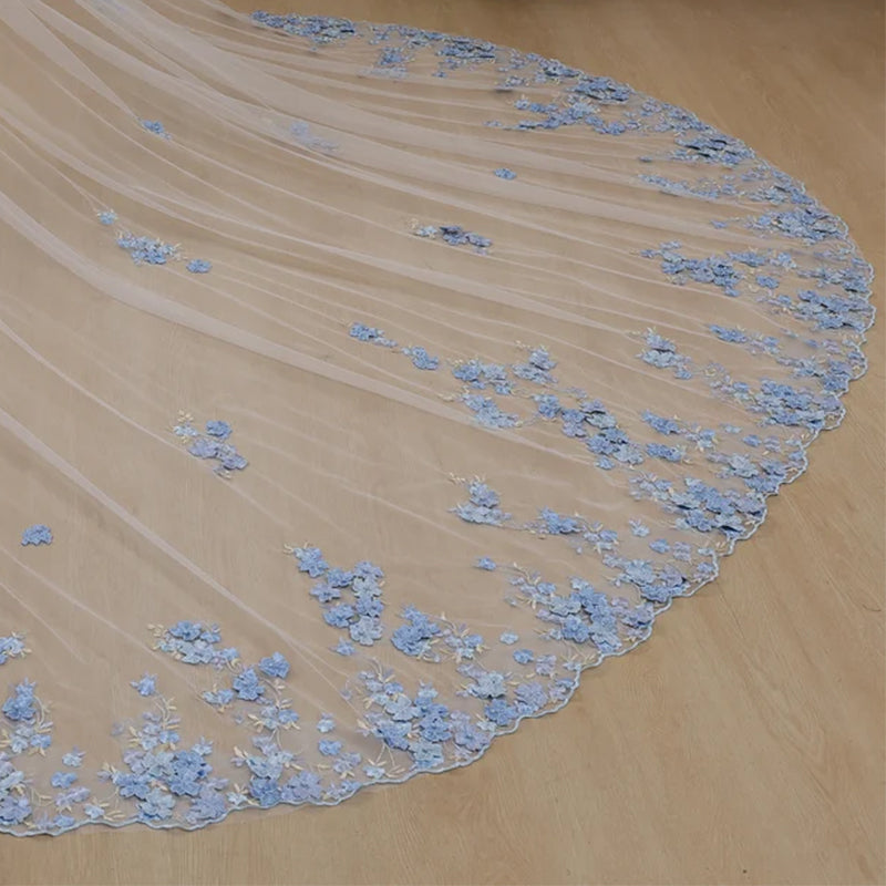 Something Blue 3D Floral Wedding Bridal Veils With Silver Comb