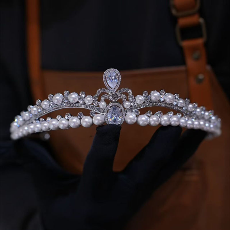 Elegant Pearl Diamond Princess Tiara for Bridal Bridesmaid Crown
