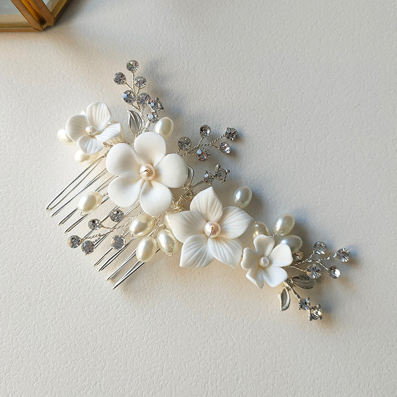 Simple Ceramic Flower Hair Comb For Bridal