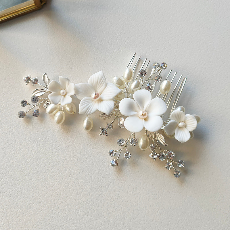 Simple Ceramic Flower Hair Comb For Bridal