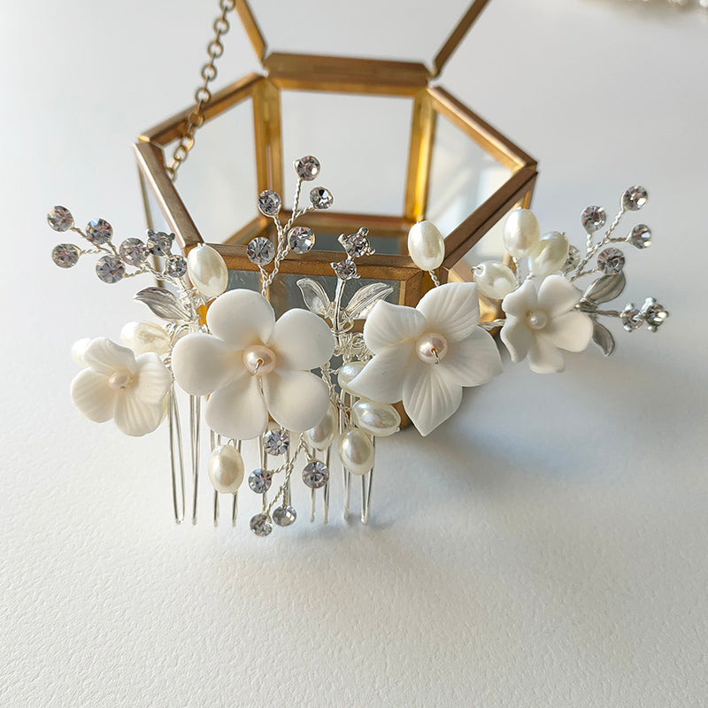 Simple Ceramic Flower Hair Comb For Bridal
