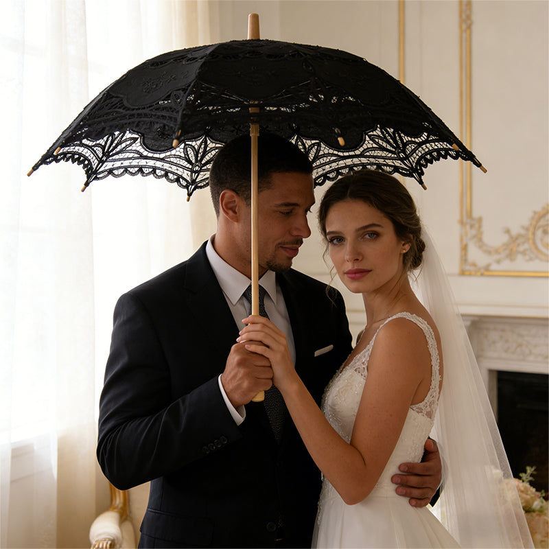 Gothic touch Handmade Bridal Umbrella with Cotton Embroidery & Lace Floral Wedding Parasol