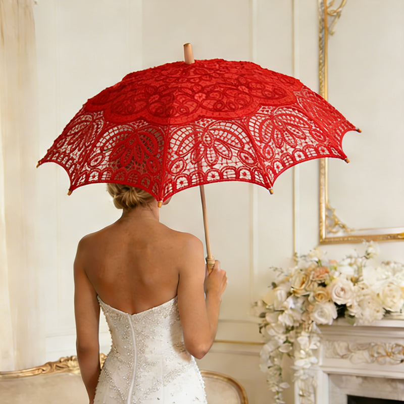 Battenberg Red Wedding Lace Parasol and Fan