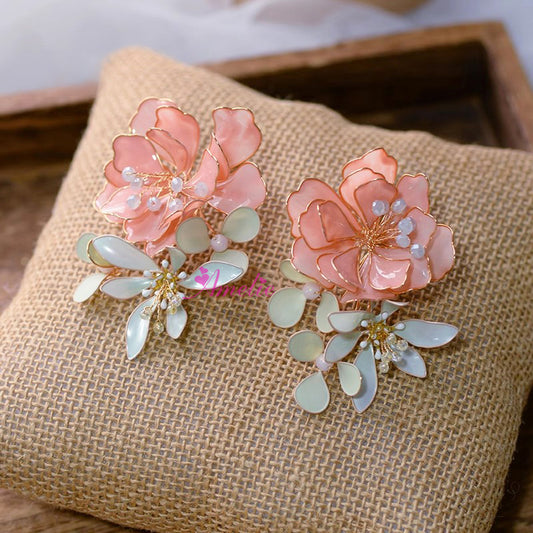 Korean Pink Flower Handmade Earrings Luxury Girls Evening Pearl Non-Pierced Ear Clips Makeup Party Accessories
