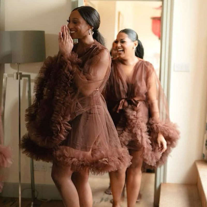 Plus Size Brown Tulle Bridesmaid Robe Long Puffy Sleeve Ruffled Tulle Morning Gown Wedding Getting Ready Robe Bachelorette Shower Party Dress