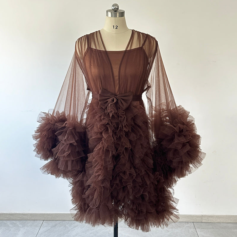 Plus Size Brown Tulle Bridesmaid Robe Long Puffy Sleeve Ruffled Tulle Morning Gown Wedding Getting Ready Robe Bachelorette Shower Party Dress