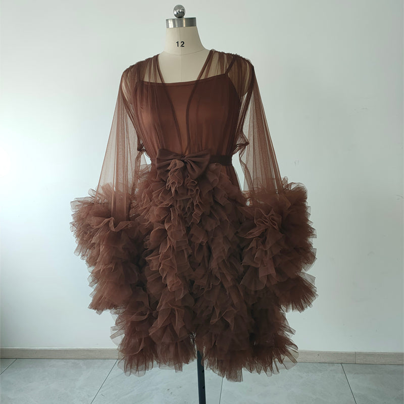 Plus Size Brown Tulle Bridesmaid Robe Long Puffy Sleeve Ruffled Tulle Morning Gown Wedding Getting Ready Robe Bachelorette Shower Party Dress
