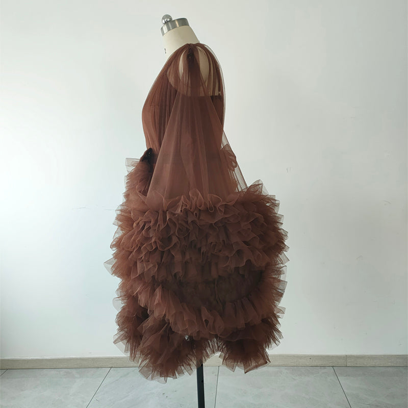 Plus Size Brown Tulle Bridesmaid Robe Long Puffy Sleeve Ruffled Tulle Morning Gown Wedding Getting Ready Robe Bachelorette Shower Party Dress