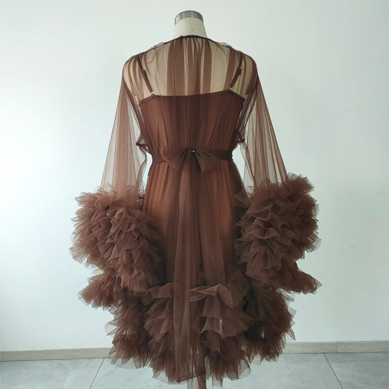 Plus Size Brown Tulle Bridesmaid Robe Long Puffy Sleeve Ruffled Tulle Morning Gown Wedding Getting Ready Robe Bachelorette Shower Party Dress