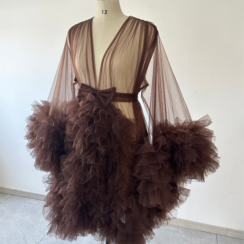 Plus Size Brown Tulle Bridesmaid Robe Long Puffy Sleeve Ruffled Tulle Morning Gown Wedding Getting Ready Robe Bachelorette Shower Party Dress