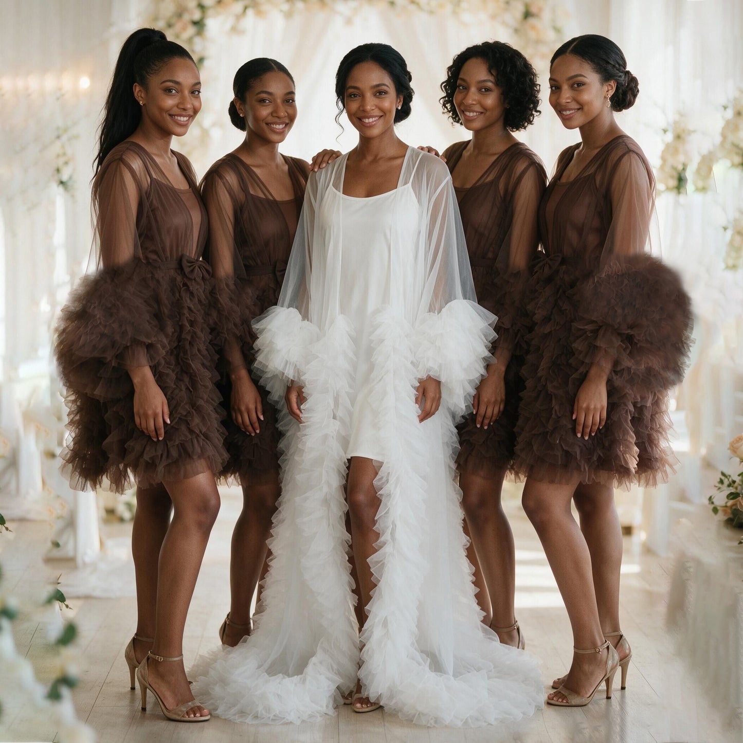 Plus Size Brown Tulle Bridesmaid Robe Long Puffy Sleeve Ruffled Tulle Morning Gown Wedding Getting Ready Robe Bachelorette Shower Party Dress