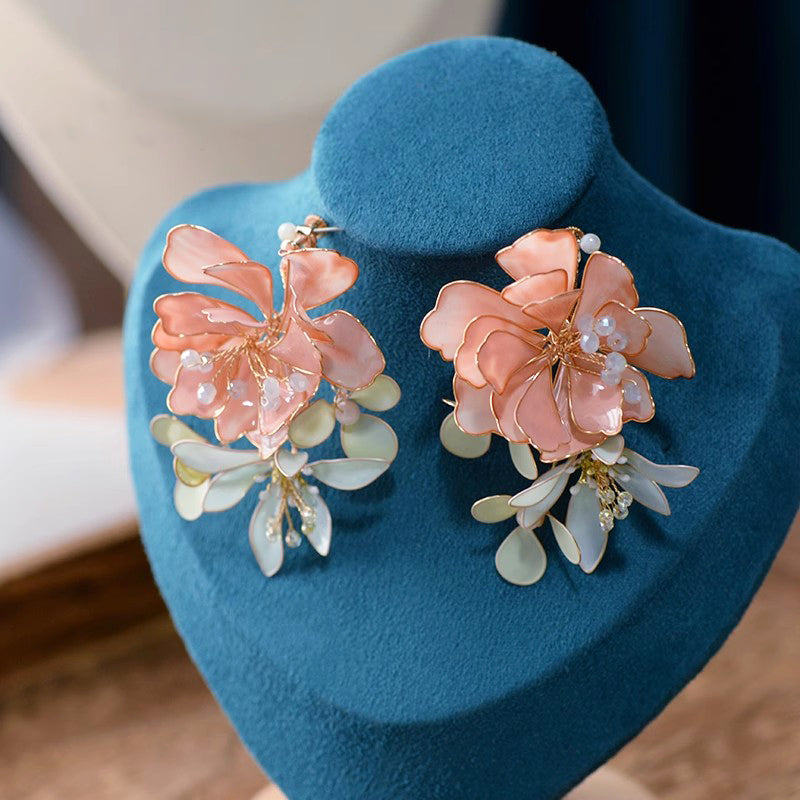Korean Pink Flower Handmade Earrings Luxury Girls Evening Pearl Non-Pierced Ear Clips Makeup Party Accessories