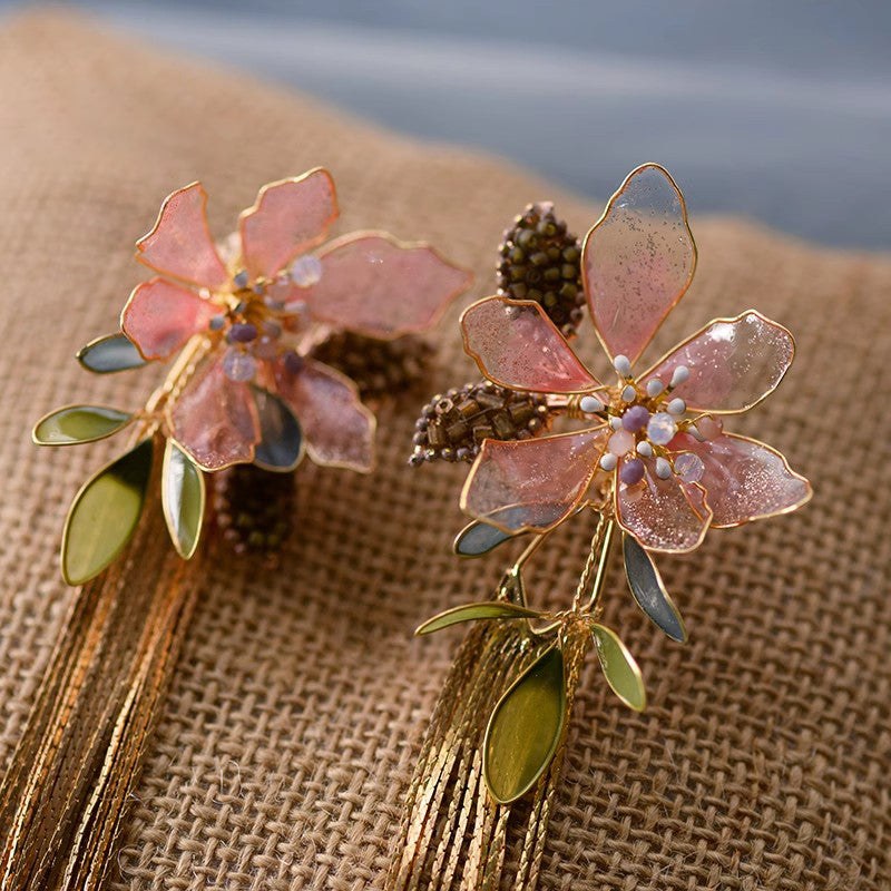 Fashion Bridal Seaside Style Leaf Flower Resin Artificial Liquid Tassel Ear Clip Earrings
