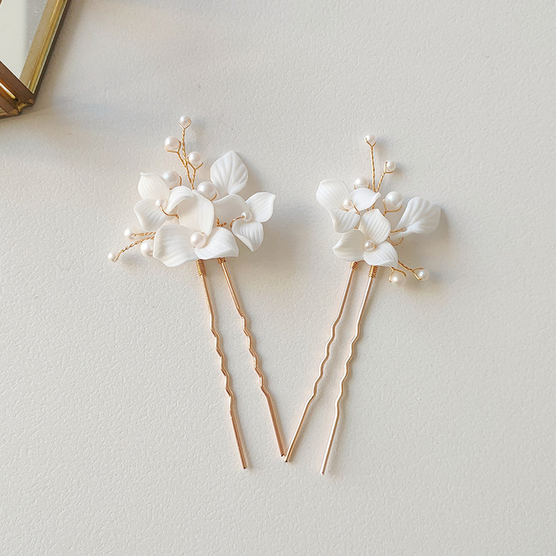 Elegant Ceramic Flower Crystal Glass Pearl Hair Comb and Pin Bride Wedding Jewelry Hair Accessories