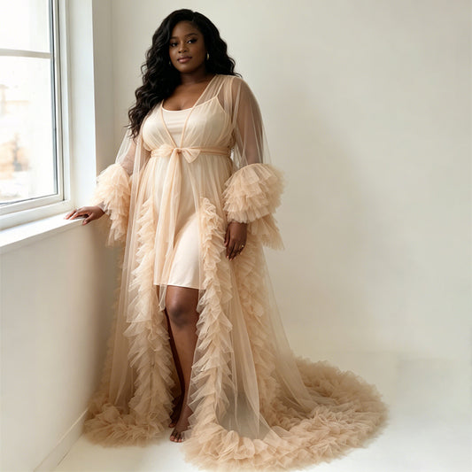 Champagne Tulle Long Robe for Wedding,Maternity Photo Shoot